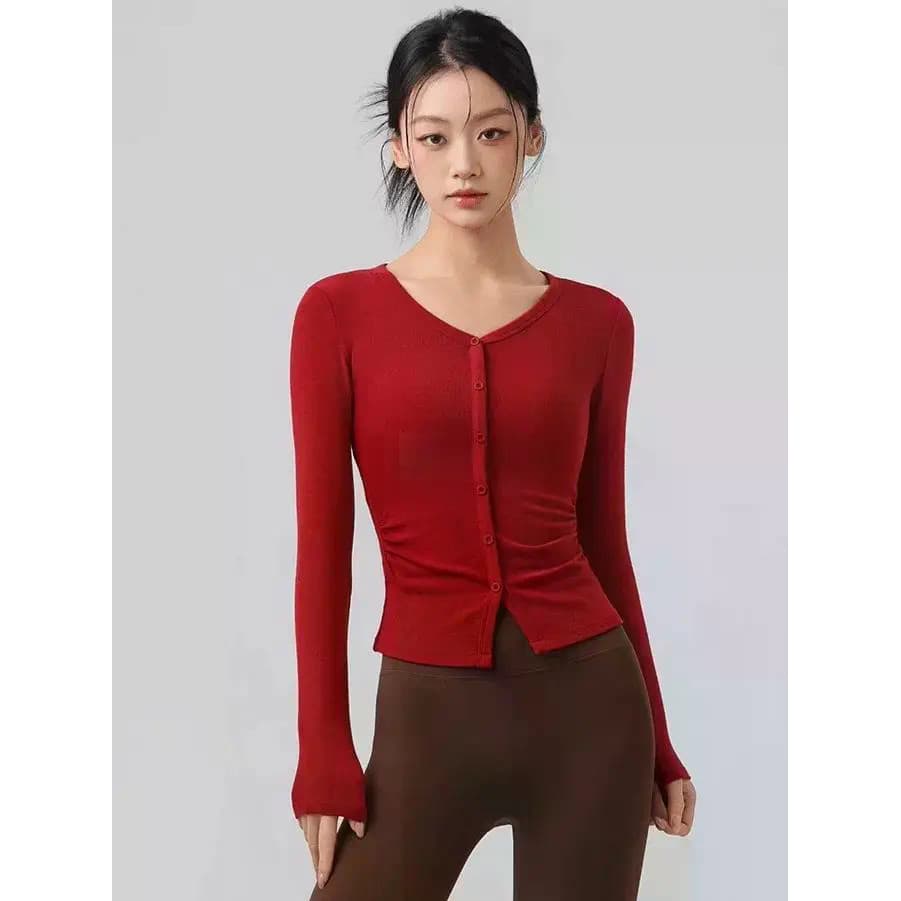 Yoga Wear Vermelho Com Decote Em V De Manga Comprida Ginásio Magro Esportes Topo Feminino Botão Cardigan Emagrecimento P