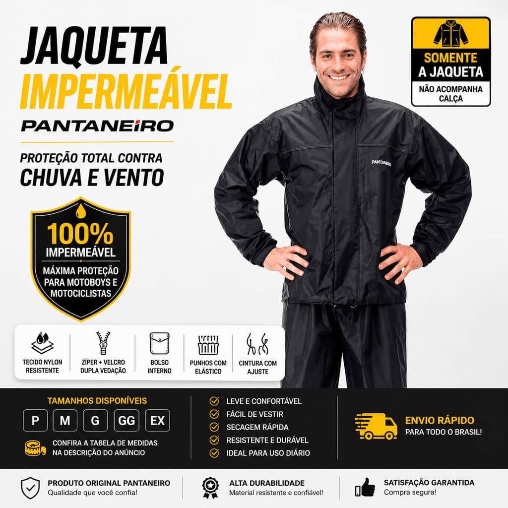 Jaqueta Impermeável Pantaneiro Moto Motoboy Nylon com gola alta | Capa de Chuva Resistente com Zíper e Ajustes