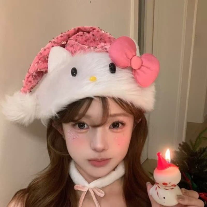 HelloKitty Chapéu De Pelúcia Feminino Inverno Doce E Fofo Arco Quente Natal Menina Coração Novo