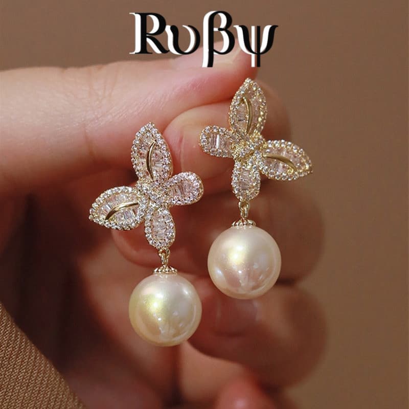 Rubi * borboleta incrustada zircão imitação de pérola brincos feminino temperamento elegante moda brincos feminino na mo