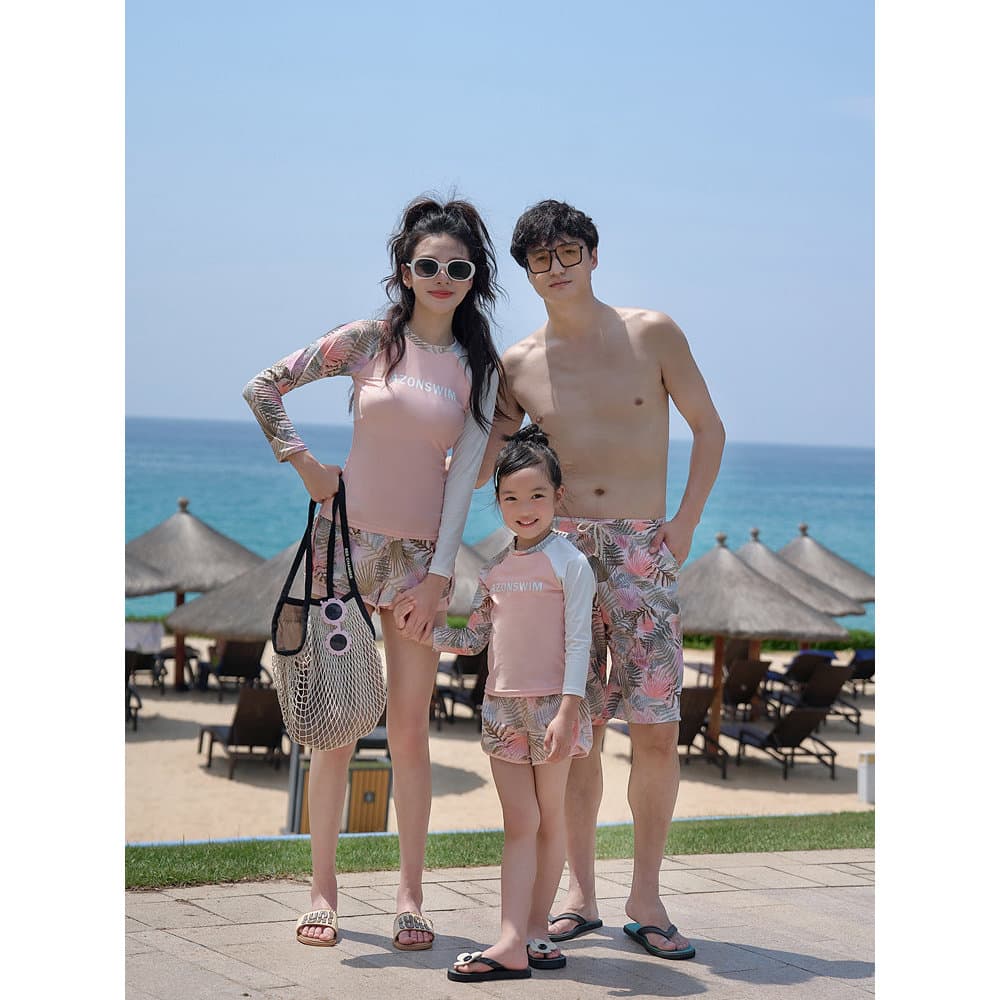 Uma família de três trajes de banho pai-filho mãe-menina Split Boxer manga comprida protetor solar estilo esportivo médi