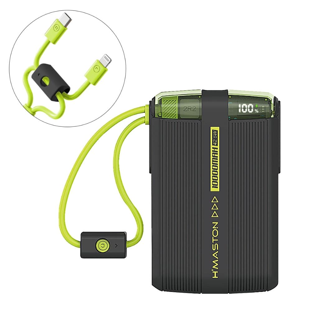 Carregador Portátil H'Maston 10000mAh Turbo 42.5W - 2 Cabos Embutidos iPhone/C - Visor Digital - Envio Imediato