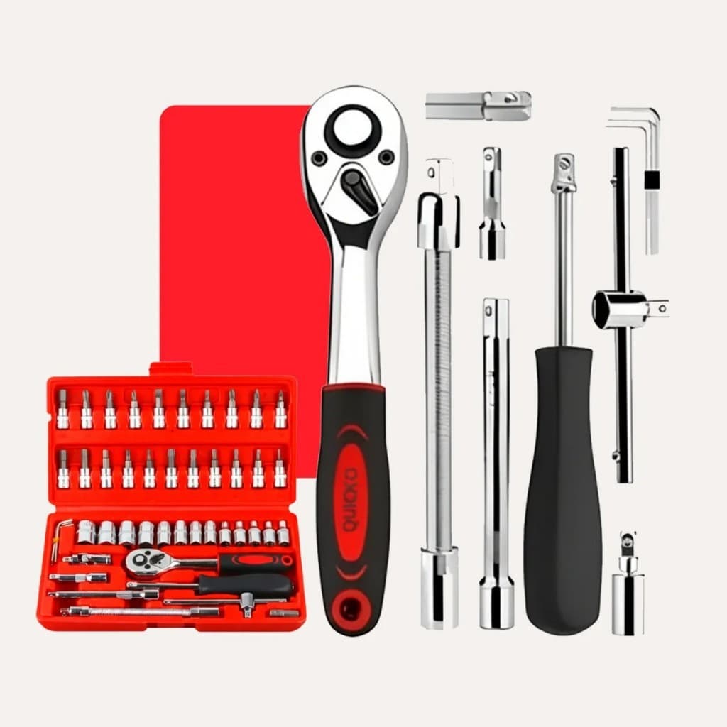 Kit Jogo De Chave Catraca Soquete 46 Peças Combo Jogo Ferramentas  Soquete 1/4 Em Aço Cromado