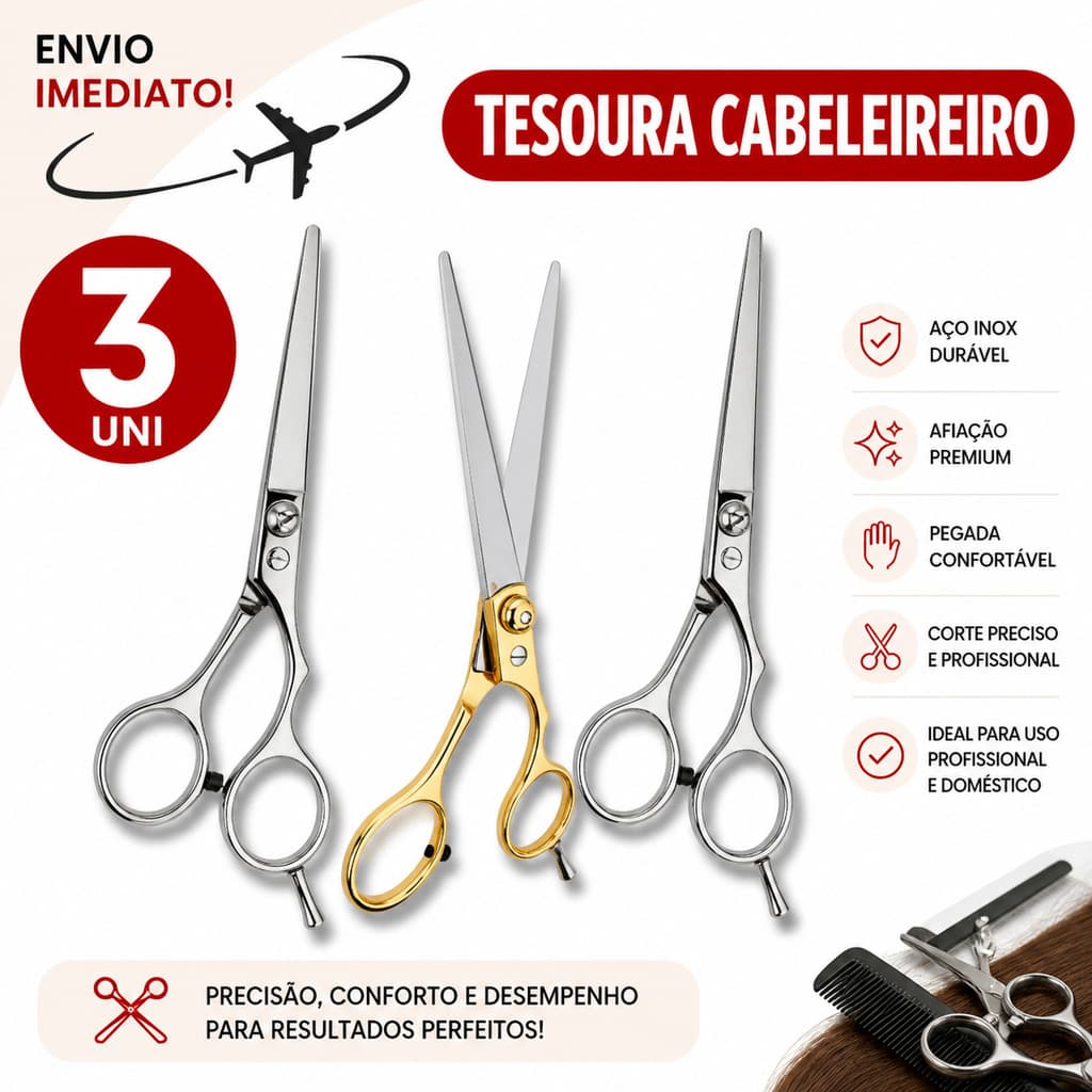 Conjunto 03 Tesouras Cabeleireiro Corte Cabelo Inox Salão Barbeiro * Envio Imediato *