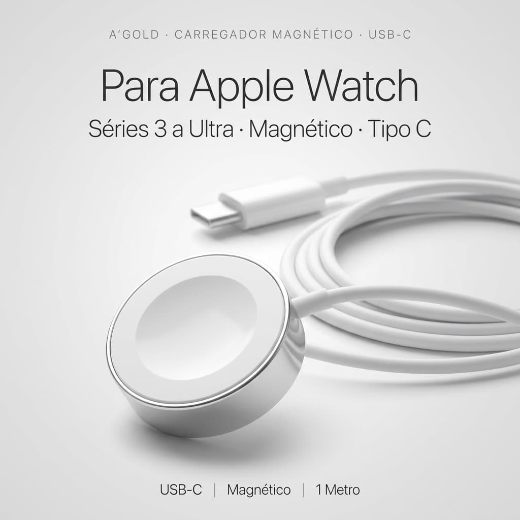 Carregador Magnético Apple Watch Tipo C (USB-C) A'gold Original - Por Indução para Séries 3/4/5/6/7/8/SE/Ultra