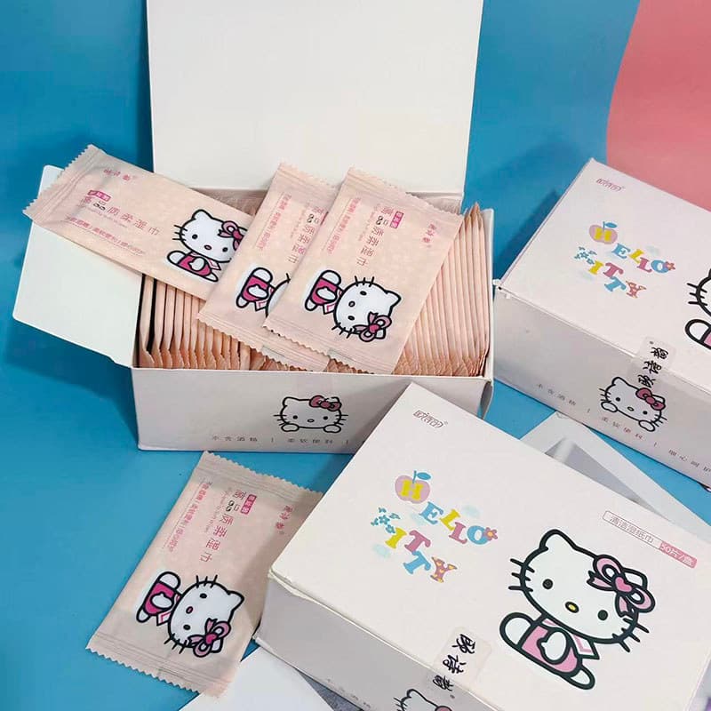 Hello Kitty Lenços umedecidos 50 peças, peça única, embalados individualmente, lenços umedecidos para estudantes, portát