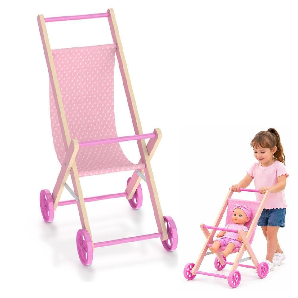Carrinho De Boneca Passeio Dobravel Madeira Brinquedo Berco Bebe Reborn Girls Infantil Rosa Carro Mdf Dobravel Portatil