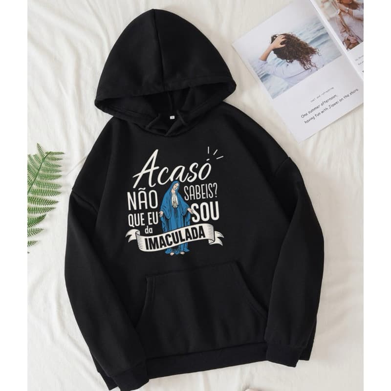 Moletom Estampa Católica Nossa Senhora Blusa Inverno Com Bolso e Capuz