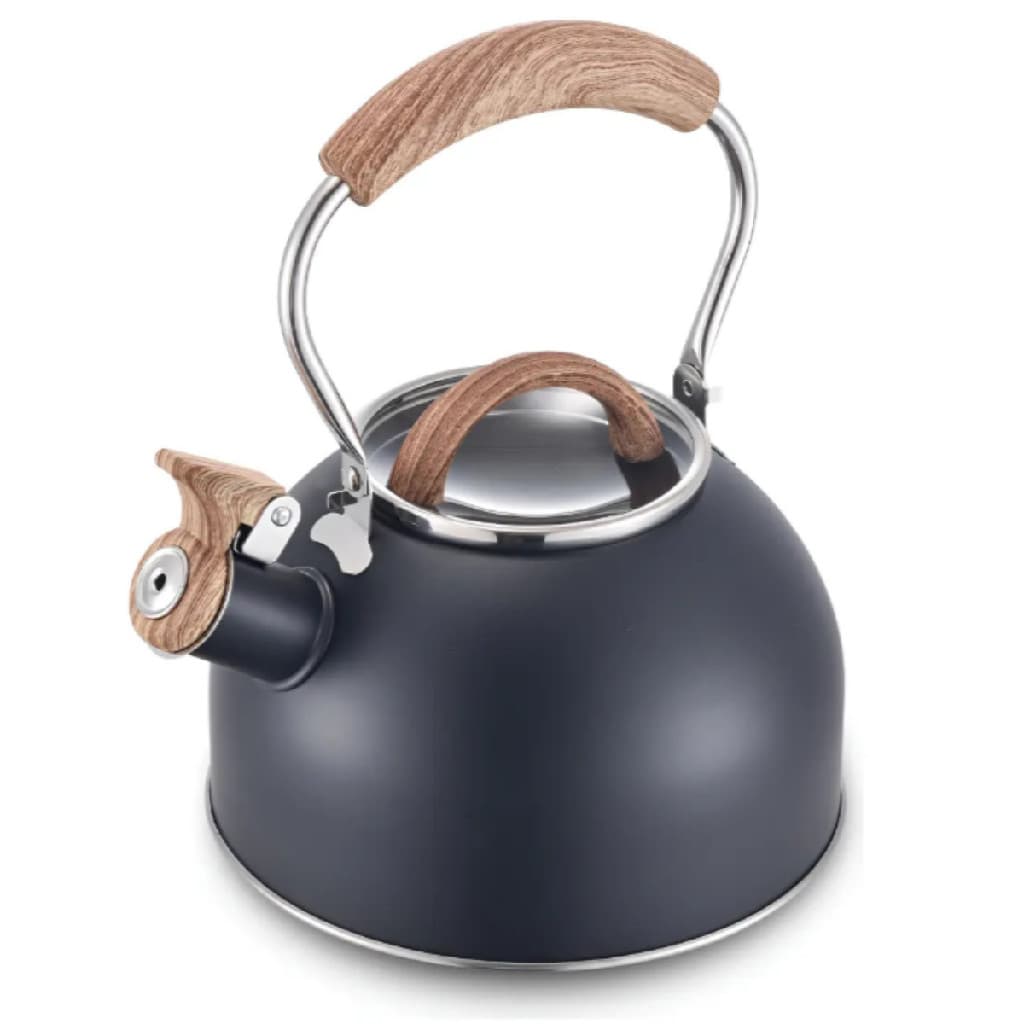 Chaleira 2L Inox Com Apito Indução Tapa de Vidro Amadeirado Moderna