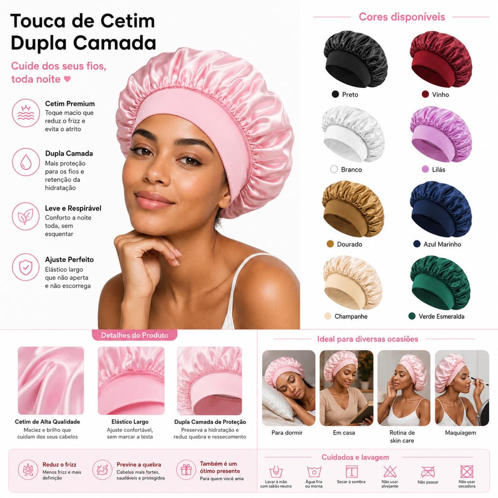 Kit 4 Toucas de Cetim Anti Frizz com Faixa Ajustável – Proteção Noturna, Reduz Frizz e Quebra do Cabelo---WJ
