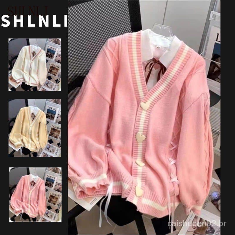 Cardigã Feminino de Tricô Solto para Primavera e Outono, Versátil, Respirável, Manga Longa, Top GYJU