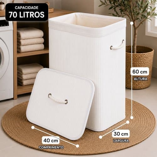 Cesto Organizador Bambu Capacidade Grande 70 Litros Com Tampa Alcas Resistentes Branco