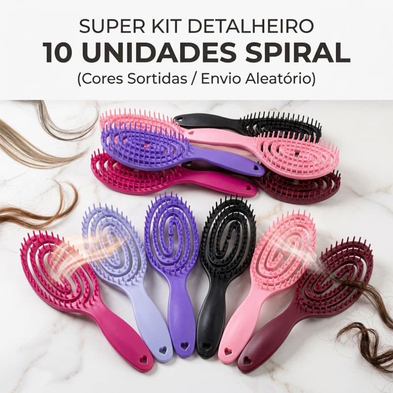 Kit 10 Unidades Escova Espiral Desembaraçante | Não Puxa Cabelo | Uso Molhado e Seco | Várias Cores