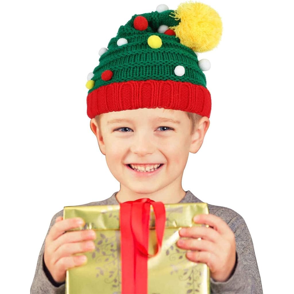 CCINEE Gorro de Natal em Tricô, Chapéu de Papai Noel em Crochê, Chapéus de Elfo para Crianças com Bola de Pelúcia, Gorro