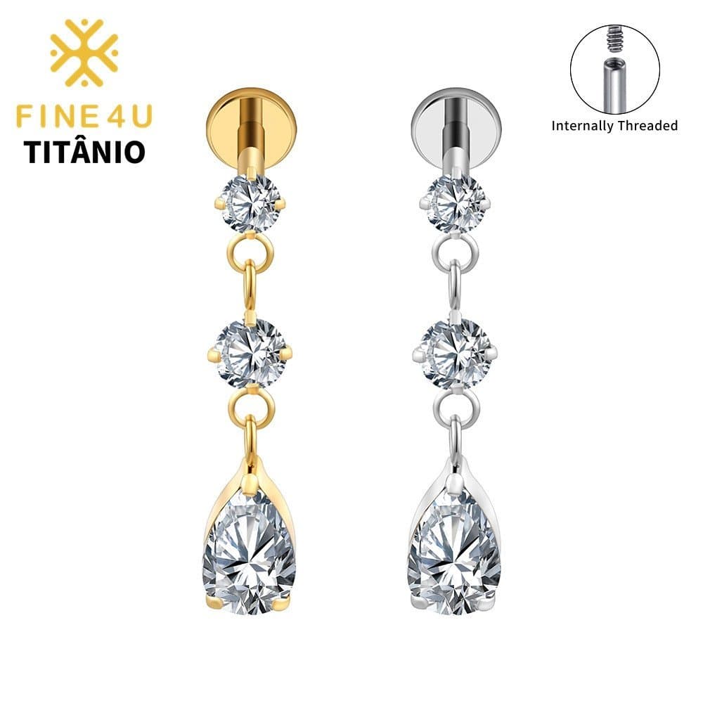 FINE4U Piercing Tripla Pingente com Lágrima CZ 100% Titânio Hipoalergênico Lóbulo Brinco Helix
