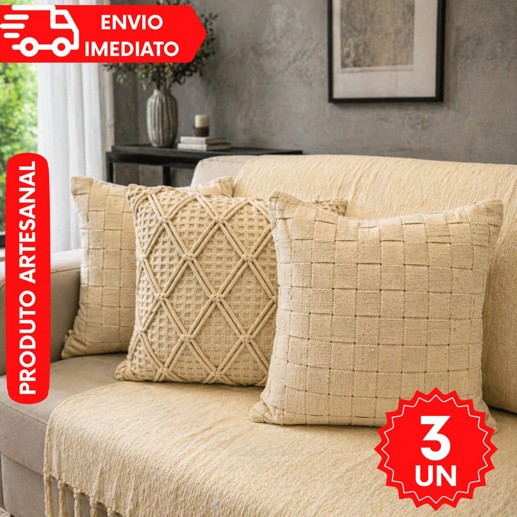 Kit 2 Capas de Almofadas Algodão Decorativas Boho Chic Trance Pompom Artesanal Rustica Sala Sofá