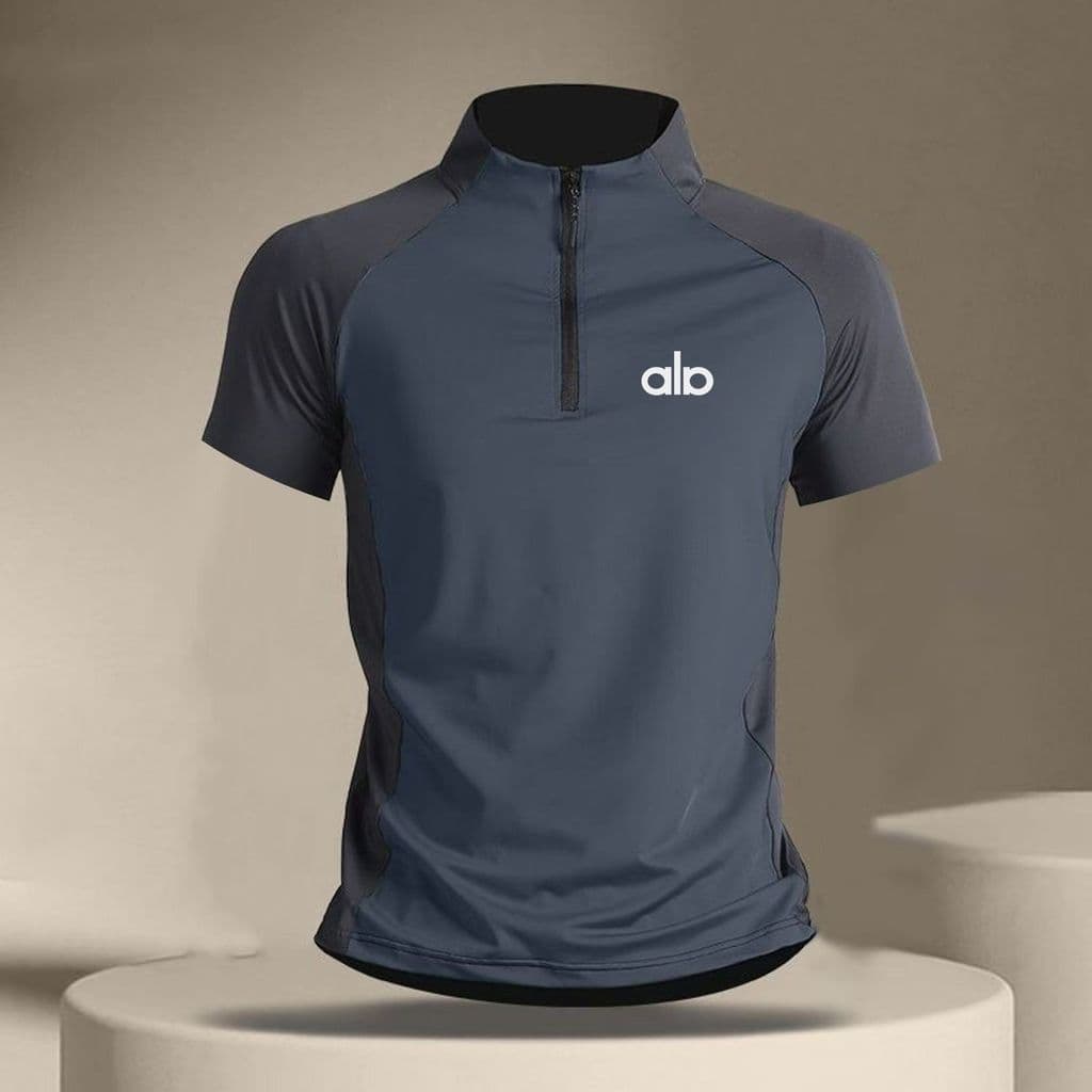 Americano gelo seda de secagem rápida manga curta meio zíper gola alta esportes camiseta masculina correndo topo esporte