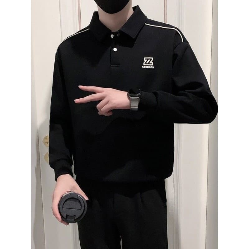 Moletom Masculino 2025 Novo Estilo Primavera Outono Estilo Ruffian Bonito Estilo Lapela Cor Combinando Camisa polo Moda