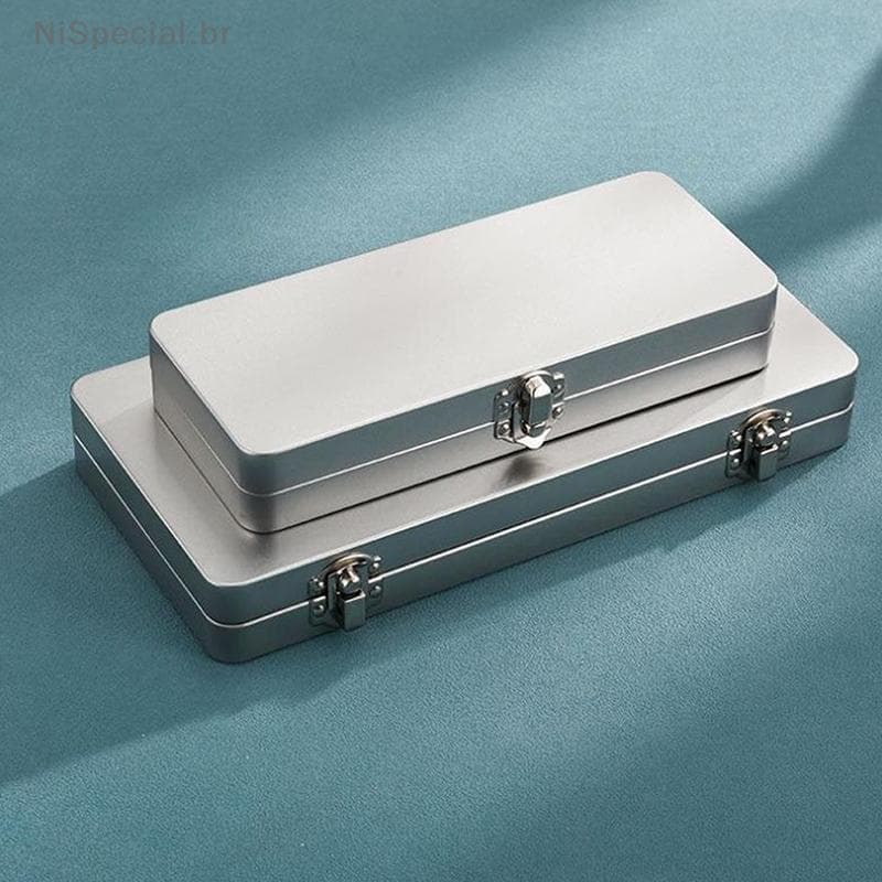[Nis] Caixa Retangular De Metal Cinza Prateado Durável Com Tampa-Ideal Para Contas , Cosméticos , Armazenamento De Mater