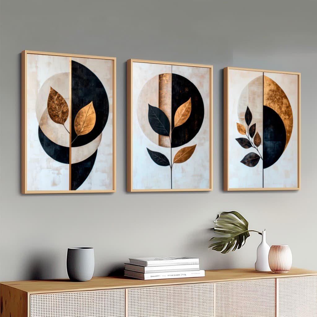 Kit 3 Quadros Decorativos Com Moldura 50X70 cm Para Sala Folhagem Abatrata Dourada