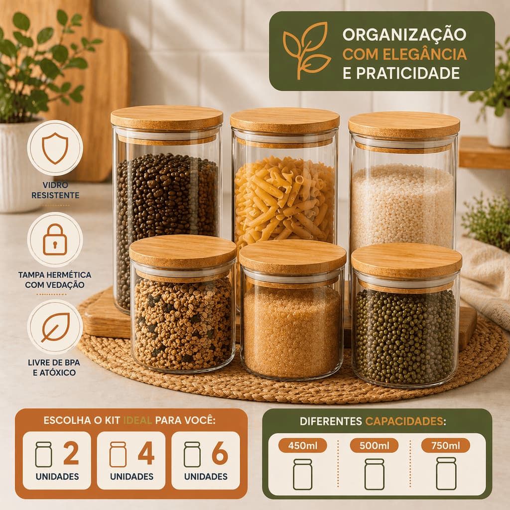 Kit Potes de Vidro Herméticos para Mantimentos Tampa Bambu 2x 4x 6x 450-750ml