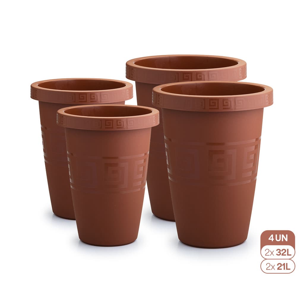 Kit 2 Vasos 32L e 2 Vasos 21L Gregos Redondos Plástico Resistente Sem Prato Jardim Varanda Decoração