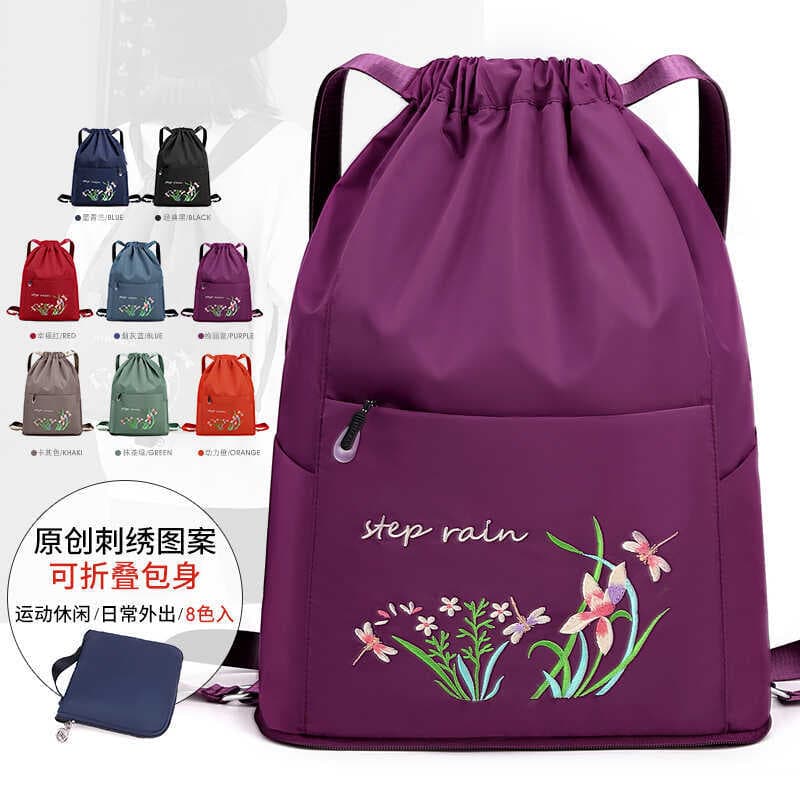 Novo estilo dobrável cordão bolso cordão grande capacidade mochila leve bordado flor viagem ao ar livre Oxford pano moch