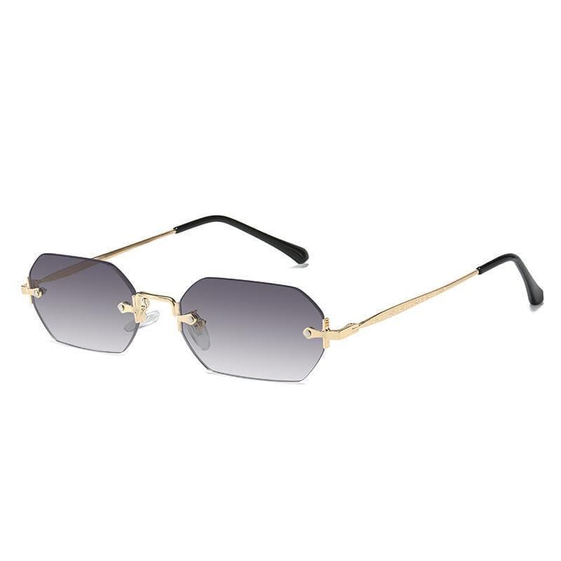 Óculos de Sol Pequenos Quadrados Sem Armação para Mulheres, Estilo Retrô Poligonal, Lentes Gradientes Cinzas, Proteção U