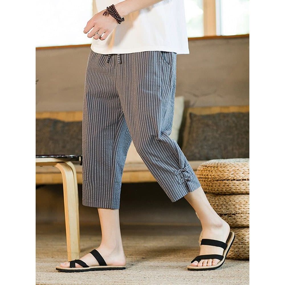 Shorts listrados de 7 pontos masculinos verão ins na moda algodão linho calças médias estilo fino respirável All-match e