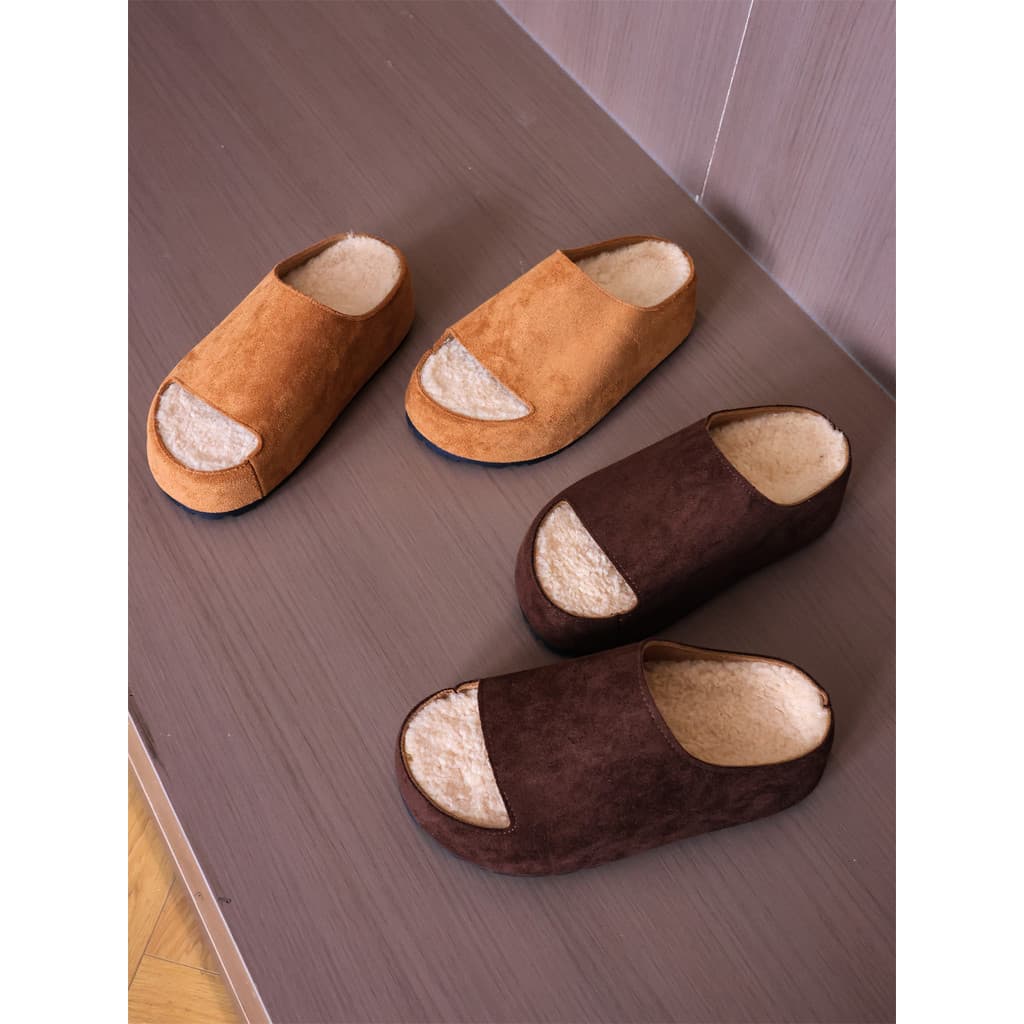 Cor sólida Retro camurça sintética quente falso cordeiro forro de lã chinelos 2025 inverno novo estilo Flip-Flops femini