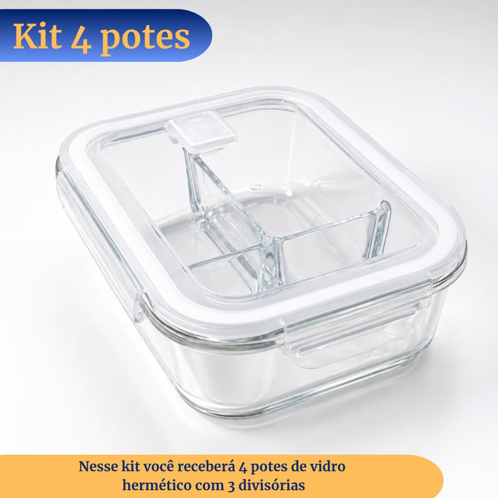 Kit 4 Potes Herméticos de Vidro 1000 ml com 3 Divisórias Marmita | Dieta | Organização