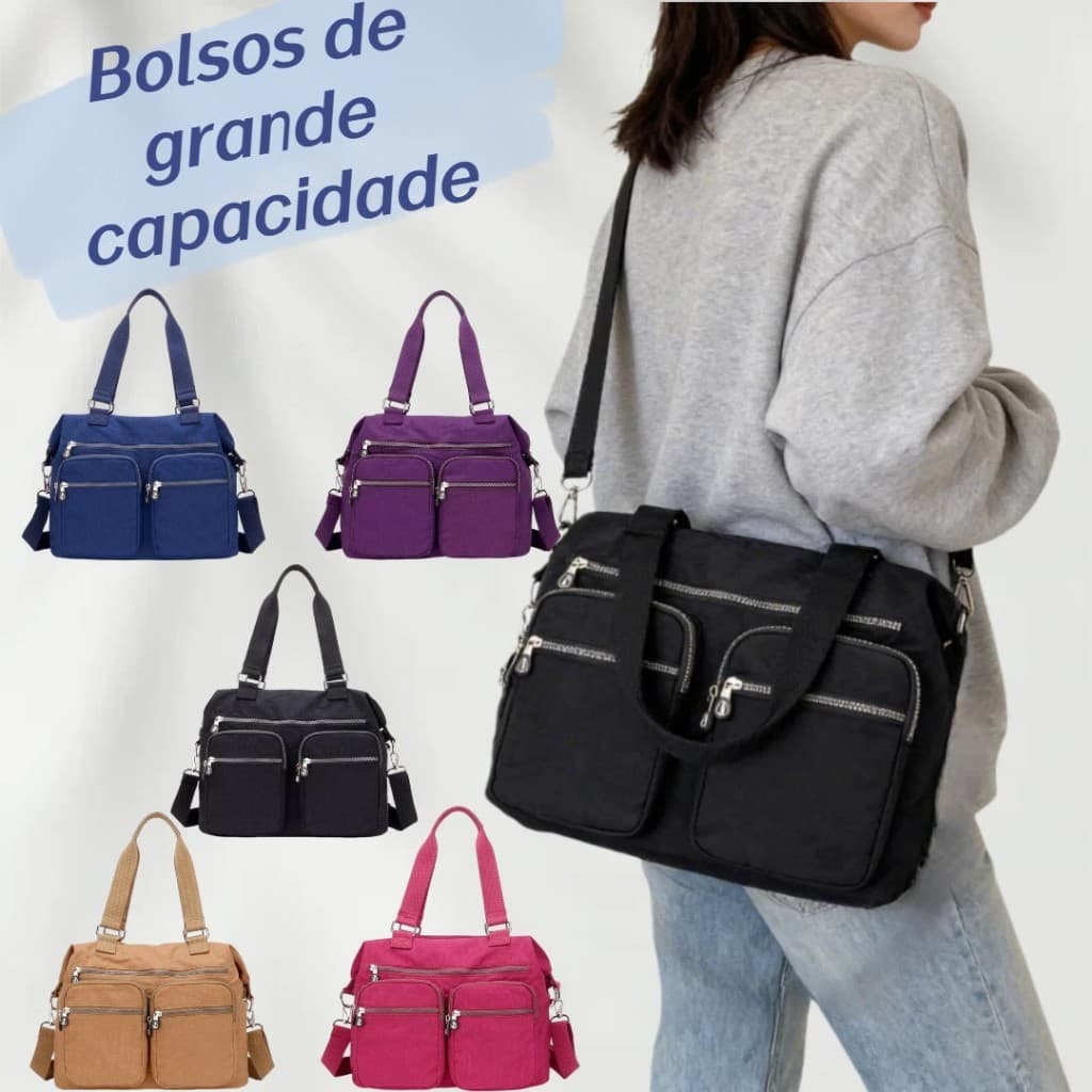 Bolsa Transversal Feminina de Nylon Impermeável Grande Capacidade com Bolsos Frontais e Alça Ajustável