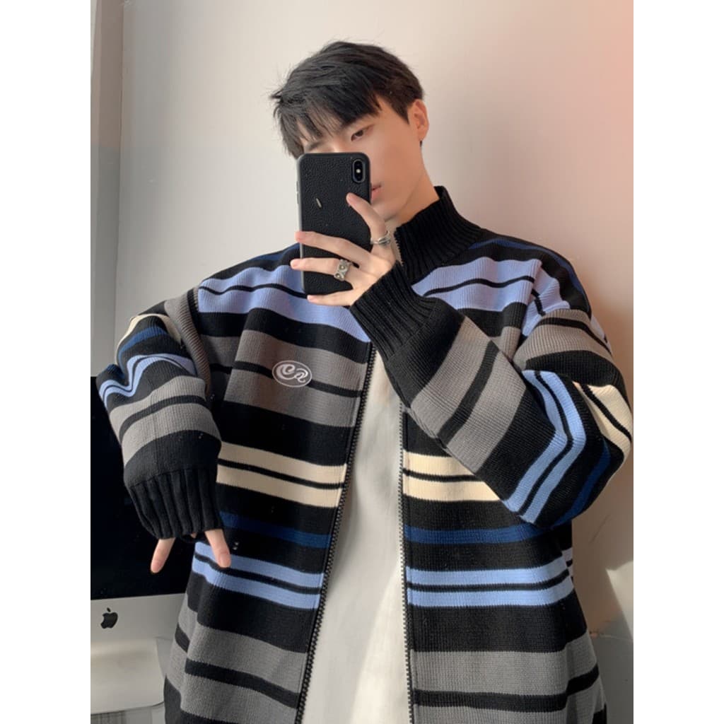 Suéter masculino listrado americano com bloqueio de cores, outono inverno, gola meia alta, cardigã solto, roupa de rua,