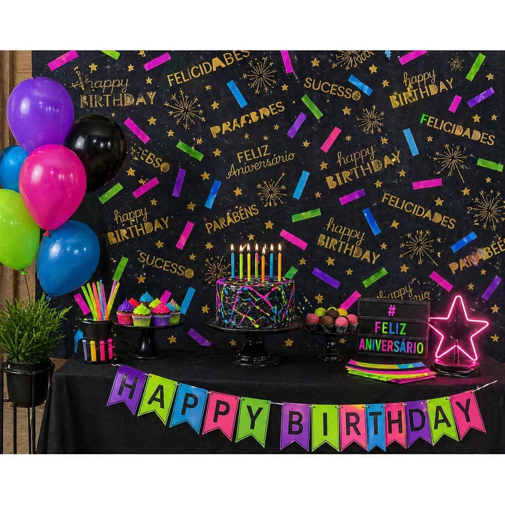 TNT Estampado Happy Birthday Neon Fundo Preto 1mx1,40L Festa Decoração