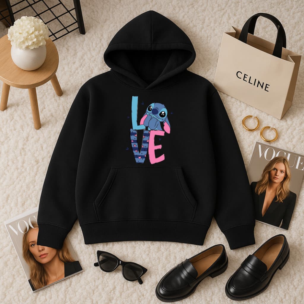 Moletom Canguru Feminina Stitch Love Lançamento Bolso Canguru Com Capuz Tecido Algodão Blusa de Frio Premium