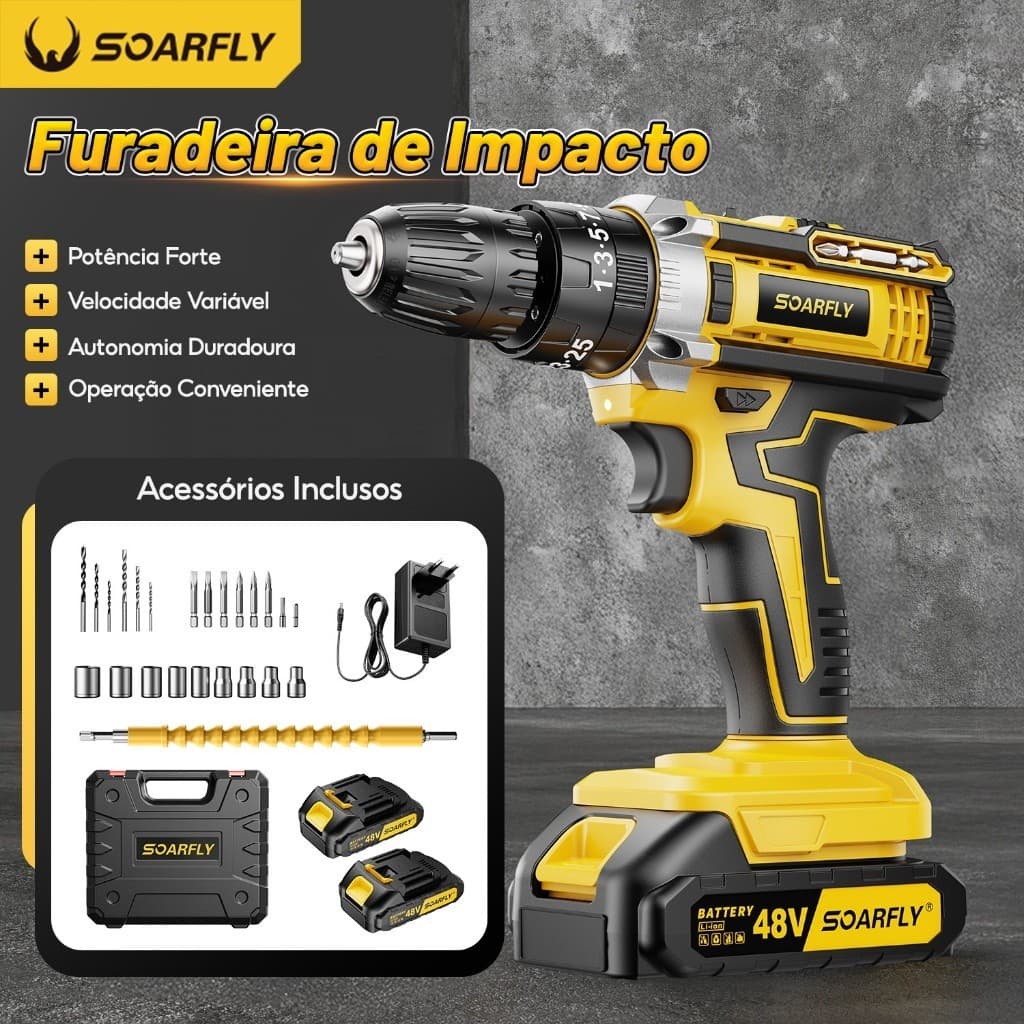 Parafusadeira Furadeira Sem Fio 48V Recarregáveis 2 Baterias Com Maleta e Acessórios 28pcs Completo