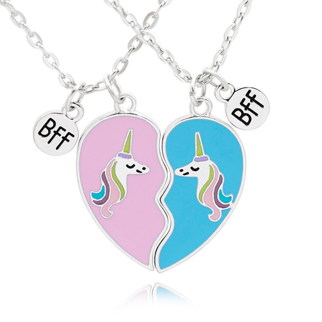 Colar Metades Best Friends Forever BFF Unicórnio Arco Íris Amizade Par Melhores Amigas Sempre
