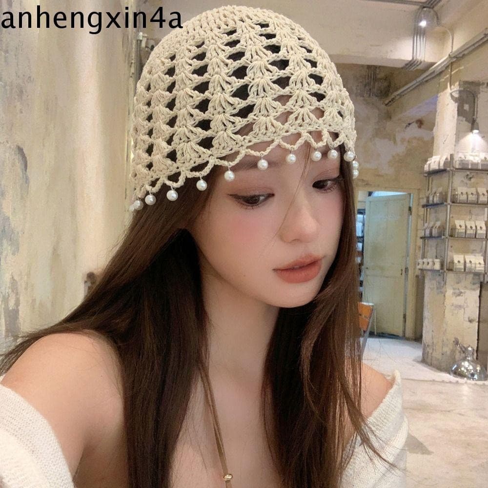 Gorro de Crochê Vazado Anhengxin, Estilo Boêmio Doce, Feito à Mão, Estilo Étnico MA3V