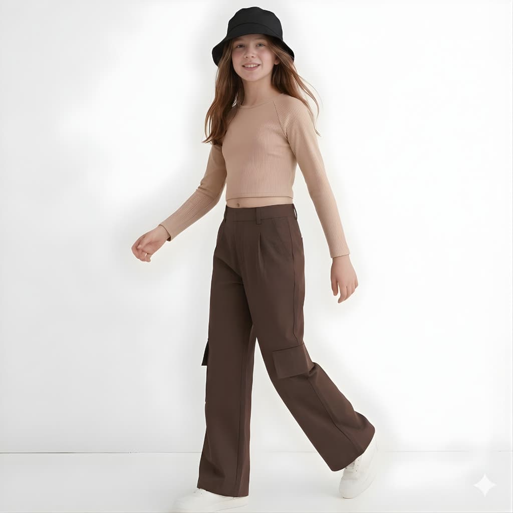 Calça Cargo de Alfaiataria Infantil Feminina Tecido Leve e Confortável Bolsos Laterais Perna Larga Moda Infantil Casual