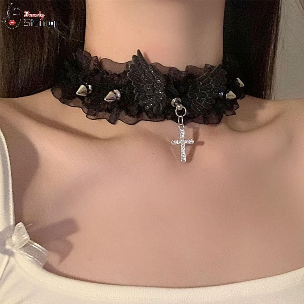 Colar GERYRUD Angel Wing , Gargantilha De Renda Cruzada De Strass , De Couro Y2K