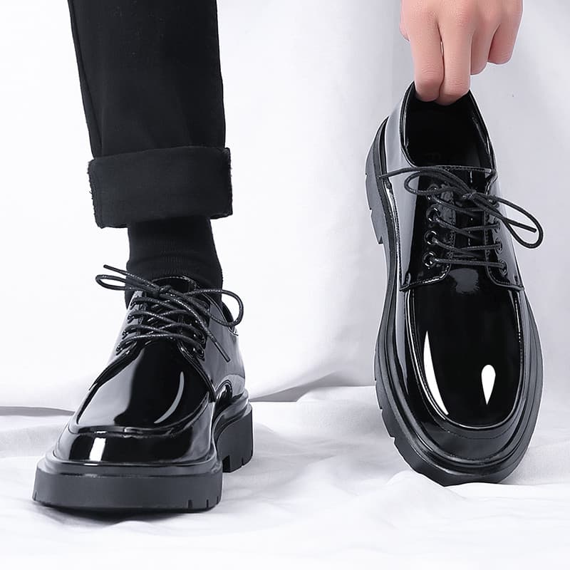 Couro brilhante sapatos de dedo grande masculino primavera respirável estilo britânico sola grossa aumentando negócios H