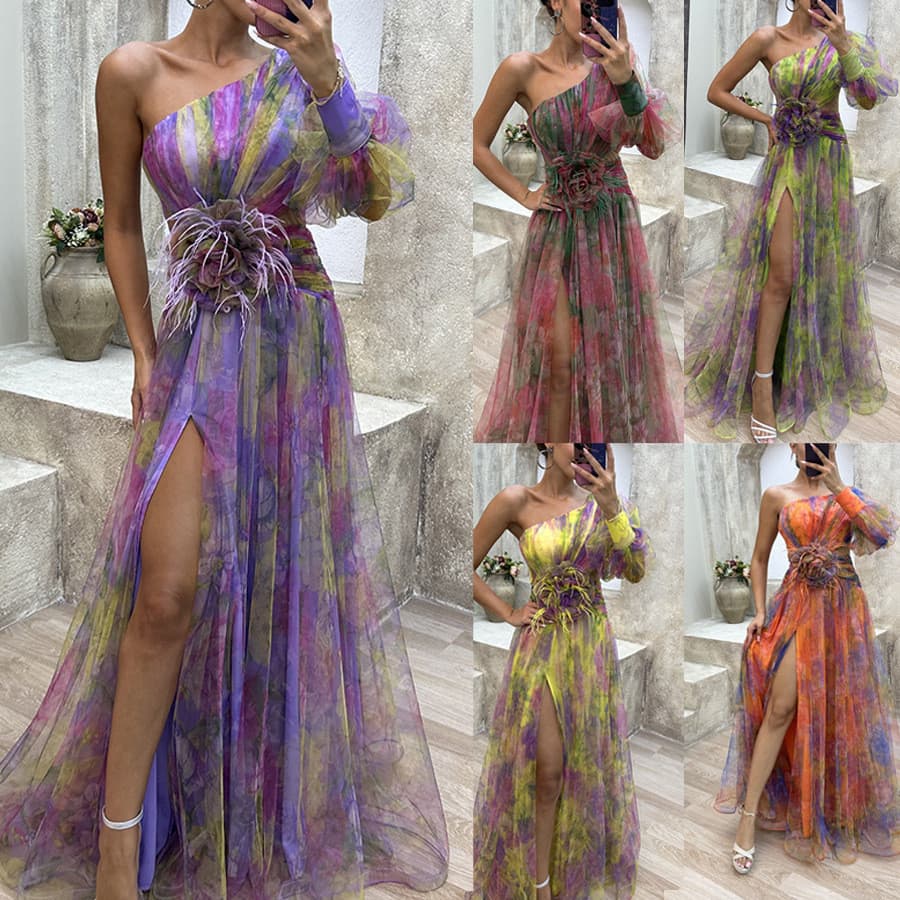 Vestido de Festa de Tule Transfronteiriço 2025, Novo Estilo Europeu e Americano, Vestido de Um Ombro, Moda Casual INS, R