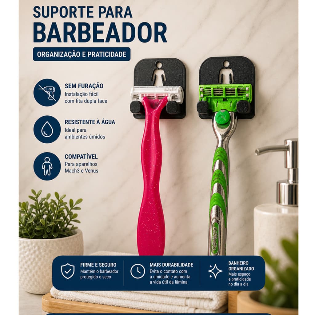 Suporte Sem Furar para Barbeador de Parede Branco Resistente à Água Organização para Banheiro