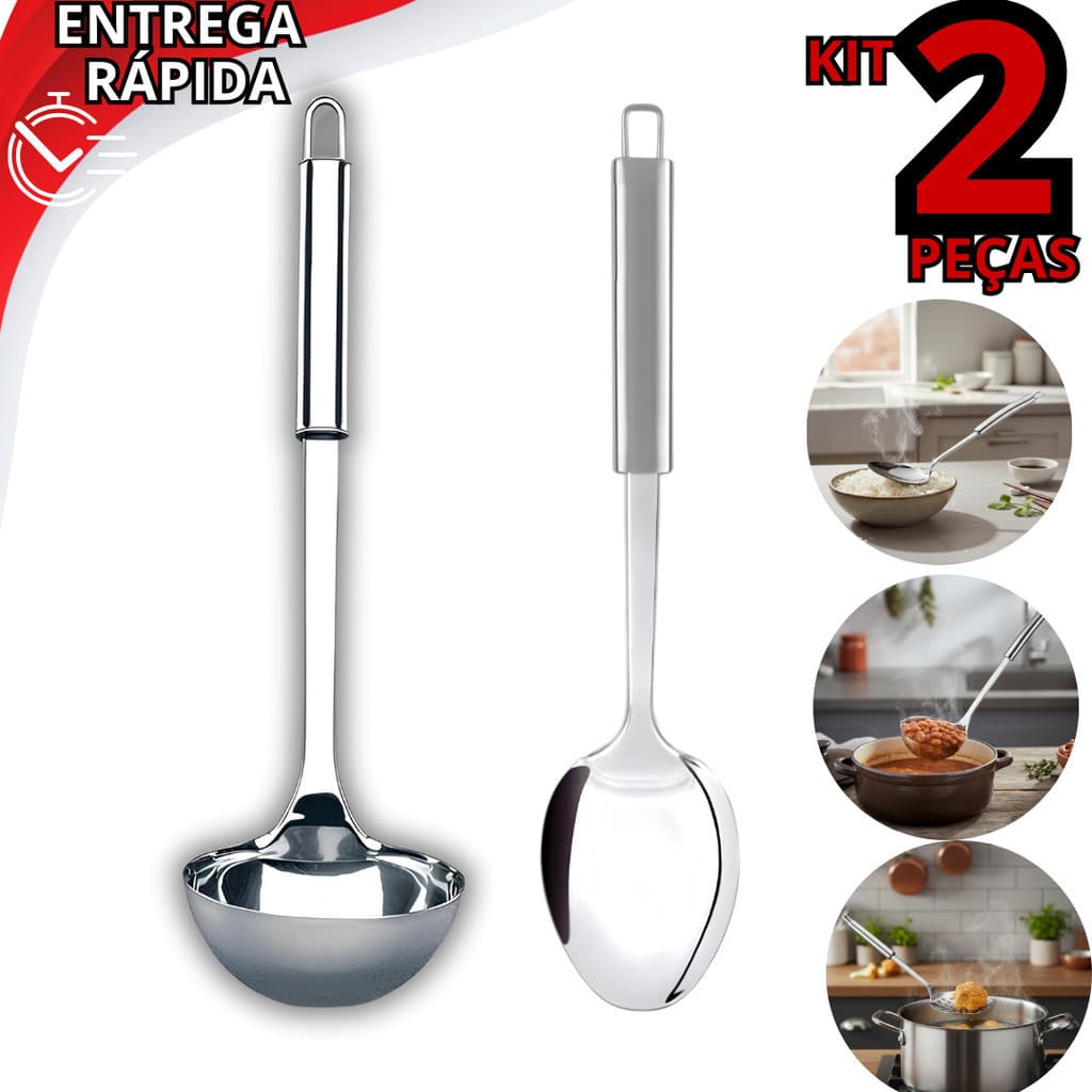 Kit Utensílios De Cozinha 2 Peças Inox Concha E Colher De Arroz