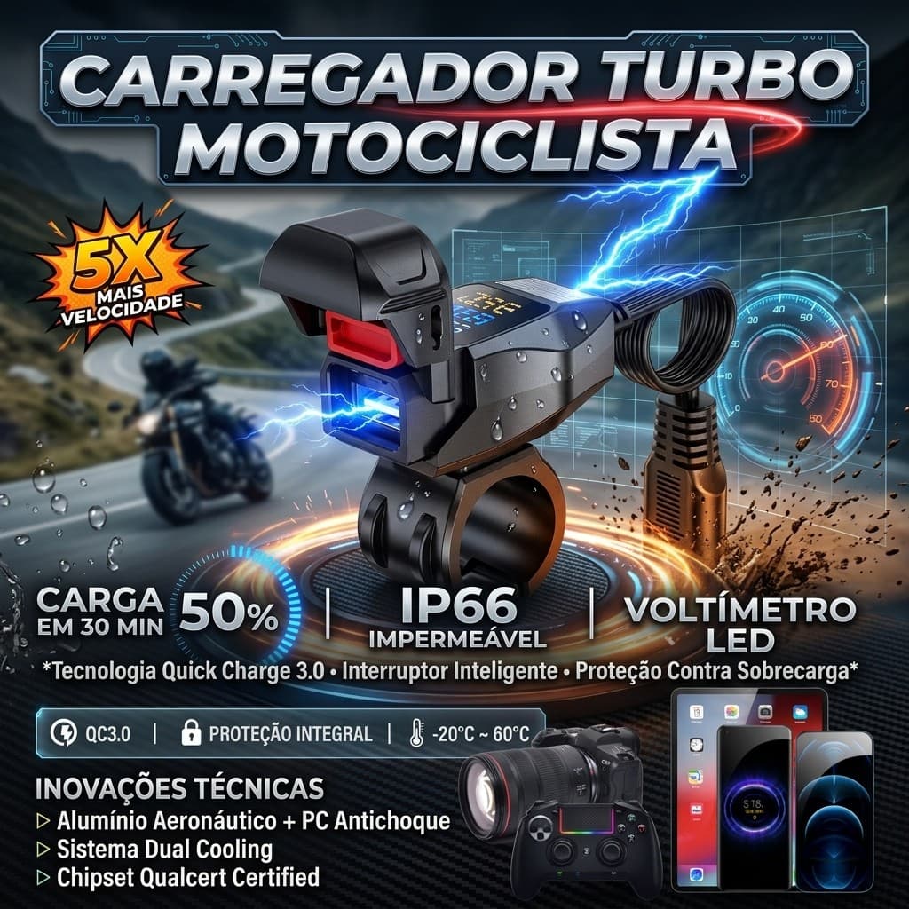 Carregador USB Moto QC 3.0 Turbo Impermeável IP66 Com Voltímetro LED e Interruptor Inteligente Universal 12V 24V