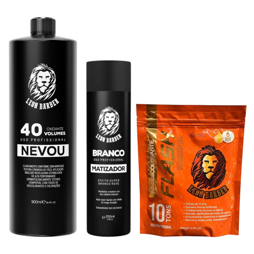 KIT Pó Descolorante Ametista Flash + Matizador Branco 250ml + Água Oxigenada 40 Vol 900ml Leon Barber