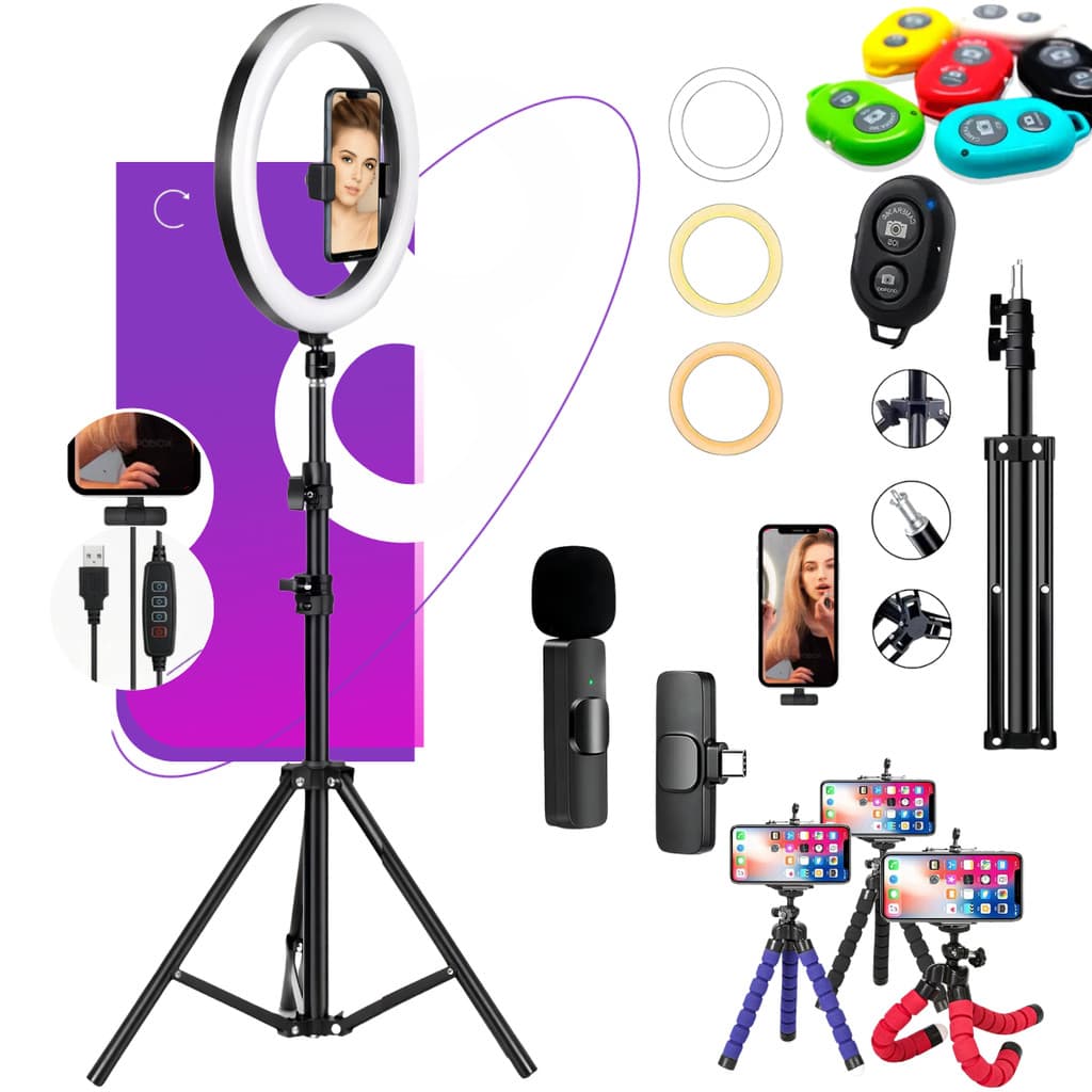 Kit Ring Light Led 10 Polegadas Tripé Microfone Lapela Youtuber Profissional