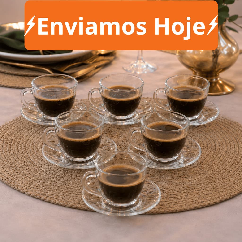 Jogo de Xícara com Pires 8 ate 24  Peças Cafe e Cha Lily Transparente Vidro 90ml Decorada Luxo