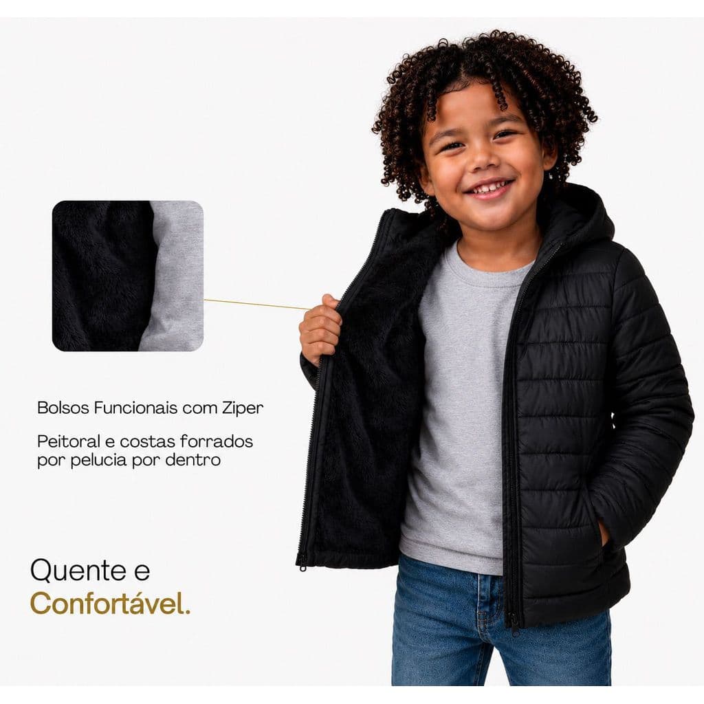 Jaqueta Puffer Infantil Masculino Pelinhos Capuz Inverno
