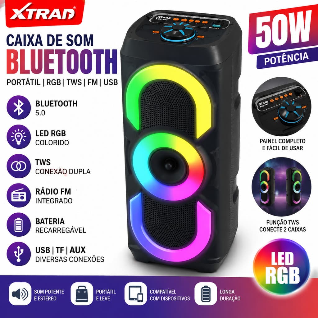Caixa de Som Bluetooth RGB 50W Portátil TWS FM USB Recarregável com LED Multimídia XDG-141
